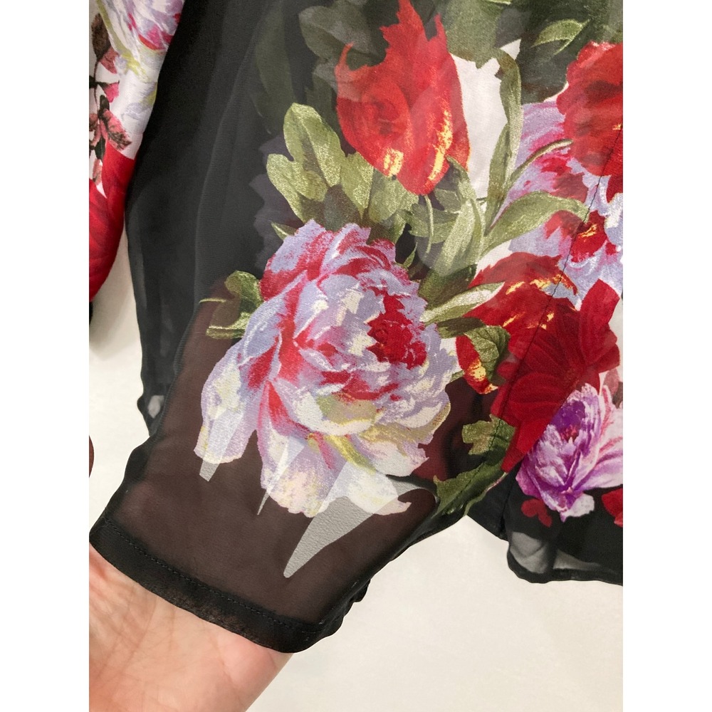 Dressbarn Blouse XL Black Floral Sheer Button Down Long Sleeve Top Feminine - Picture 6 of 9